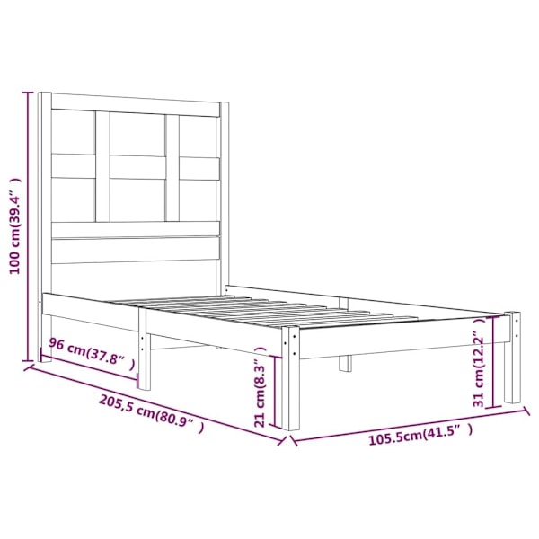 vidaXL Sängram svart massiv furu 100x200 cm enkelsäng Svart