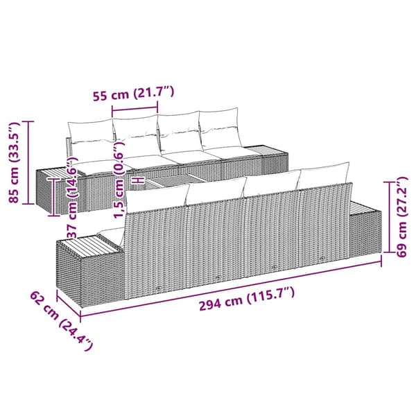 vidaXL Trädgårdsoffset med kudde 9 pcs Beige Poly rattan Beige