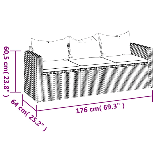 vidaXL Loungesoffa 3-sits med dynor grå konstrotting Grå