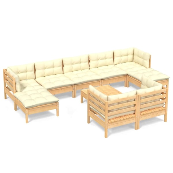 vidaXL Loungegrupp med gräddvita dynor 10 delar massiv furu Creme