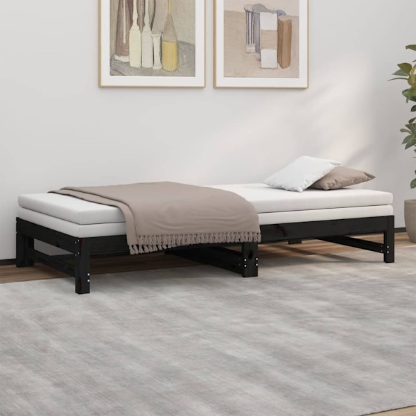 vidaXL Utdragbar dagbädd svart 2x(100x200) cm massiv furu Svart