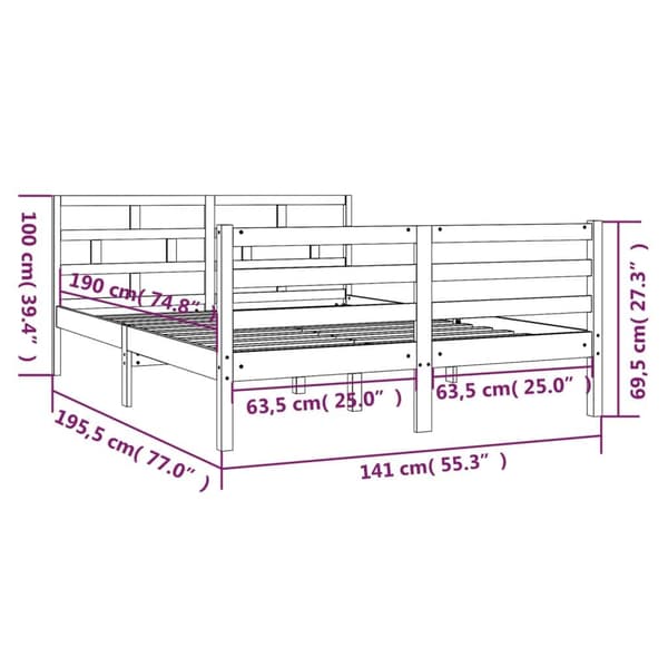vidaXL Sängram massiv furu 135x190 cm grå Grå
