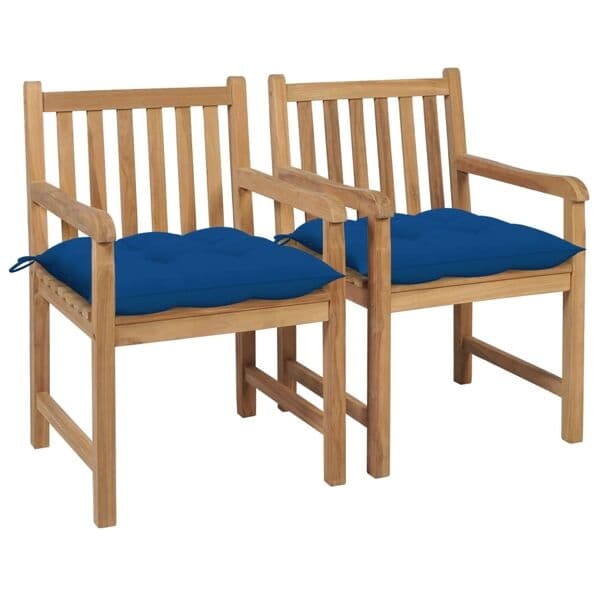vidaXL Trädgårdsstolar 2 st med blåa dynor massiv teak Blå