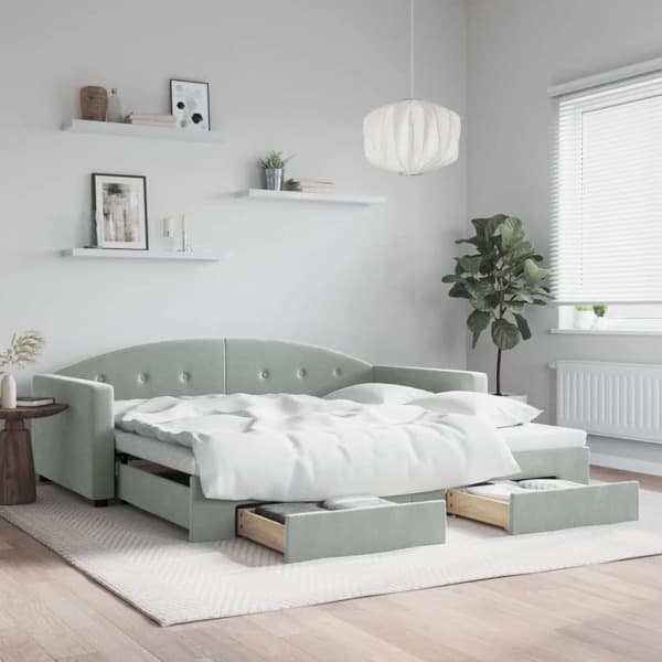 vidaXL Dagbädd utdragbar med lådor ljusgrå 100x200 cm sammet Grå