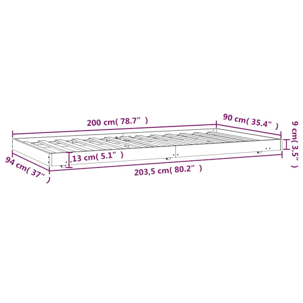 vidaXL Sängram 90x200 cm massiv furu Brun