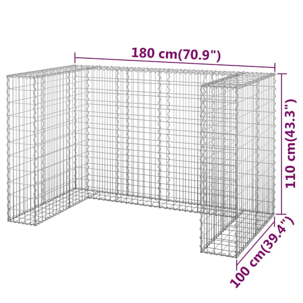 vidaXL Gabionmur för soptunnor galvaniserat stål 180x100x110 cm Silver