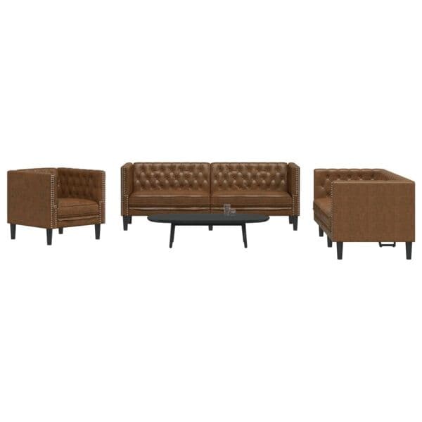 vidaXL Soffgrupp chesterfield 3 delar brun konstmocka Brun