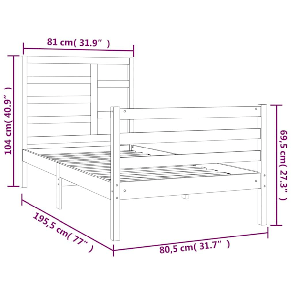 vidaXL Sängram vit massivt trä 75x190 cm Vit