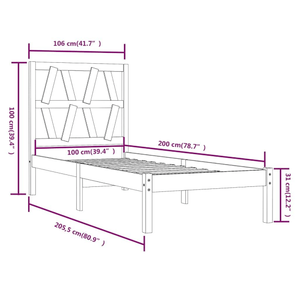 vidaXL Sängram vit massiv furu 100x200 cm enkelsäng Vit