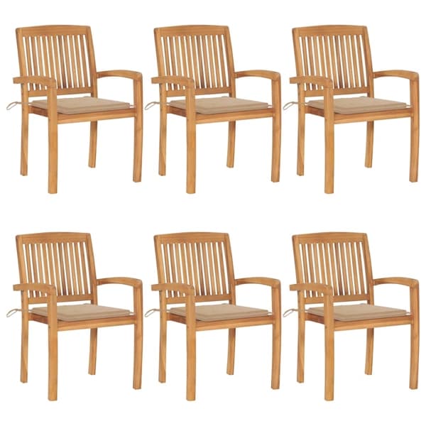 vidaXL Stapelbara trädgårdsstolar med dynor 6 st massiv teak Beige