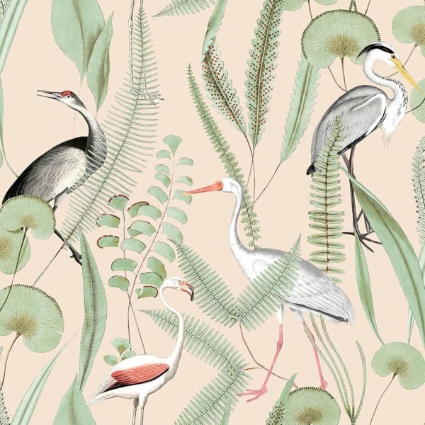 DUTCH WALLCOVERINGS Tapet Flamingo gräddvit och mintgrön multifärg