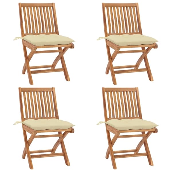 vidaXL Hopfällbara trädgårdsstolar med dynor 4 st massiv teak Vit