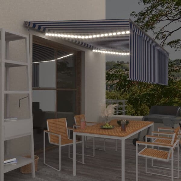 vidaXL Automatisk markis m. vindsensor rullgardin LED 4x3m blå och vit Blå
