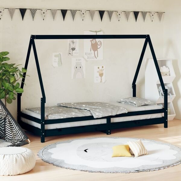 vidaXL Sängram för barnsäng svart 90x200 cm massiv furu Svart