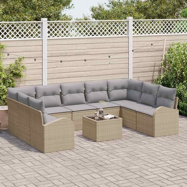 vidaXL Soffset med kudde 10 pcs Beige Poly Rattan Beige
