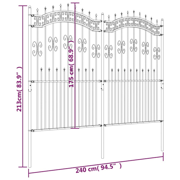 vidaXL Staket med spjuttopp svart 222 cm pulverlackerat stål Svart