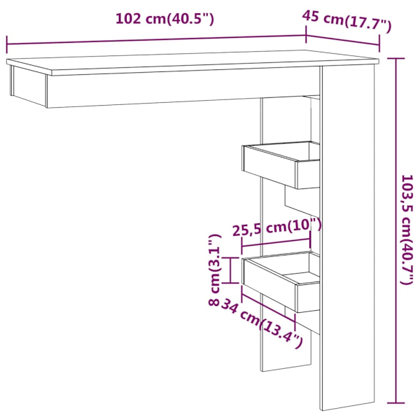 vidaXL Barbord väggmonterat vit 102x45x103,5 cm konstruerat trä Vit