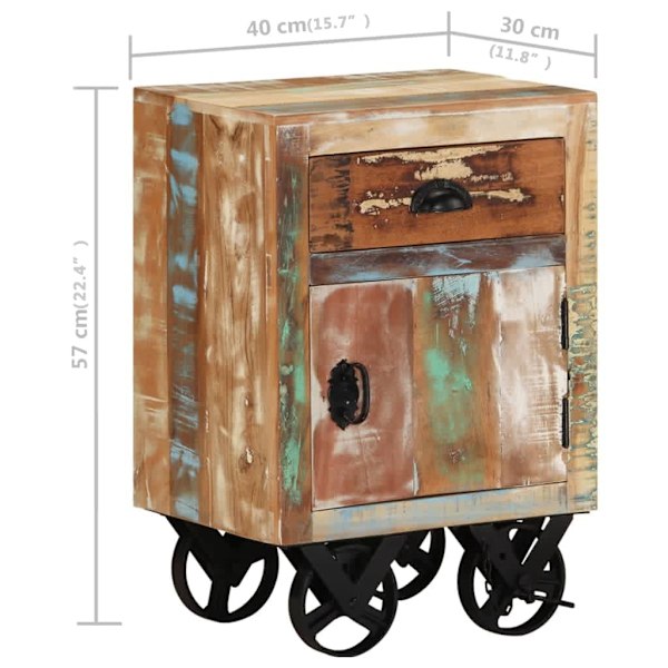 vidaXL Sängbord med hjul 40x30x57 cm massivt återvunnet trä multifärg