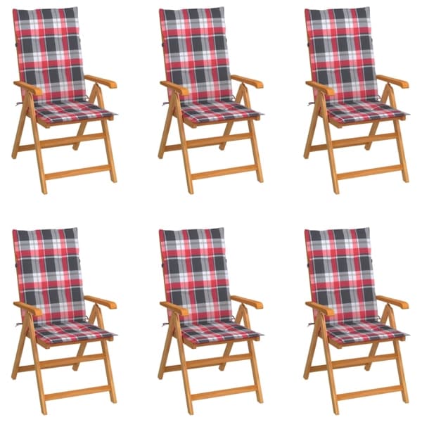 vidaXL Hopfällbara stolar 6 st rödrutiga dynor massiv teak multifärg