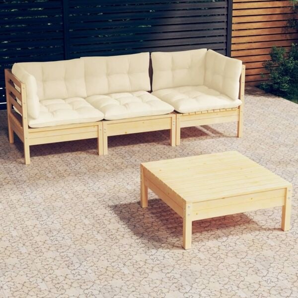 vidaXL Loungegrupp med gräddvita dynor 4 delar massiv furu Creme