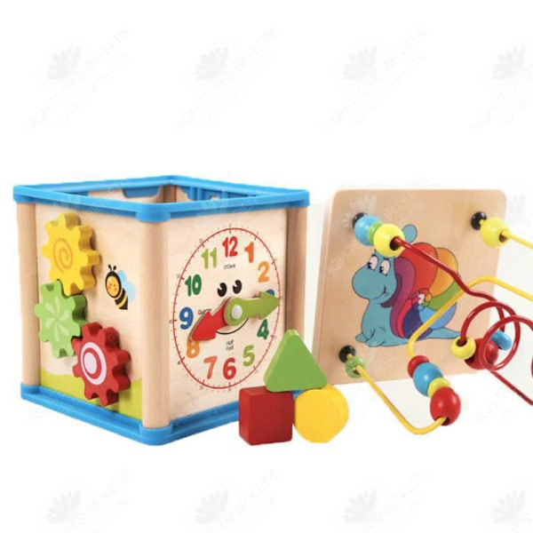 HTBE® Träklocka multifunktions pärlbar leksaksskattlåda 1-6 år gammal fyrsidig intelligensspel pärllåda