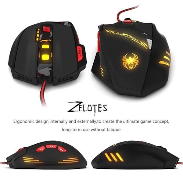 Souris Gaming - T90 - Kablet - 6 Justerbare DPI - 8 Knapper - 6 LED Farve Muligheder