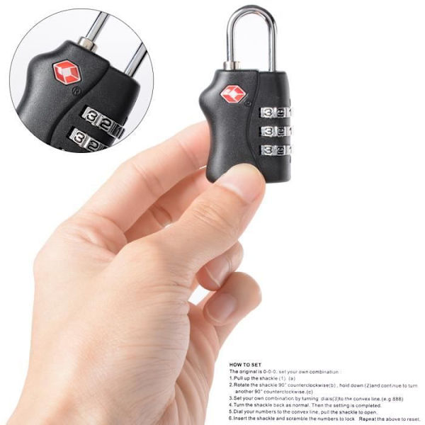 Säkerhetshänglås - XCSOURCE - TSA Bagagelås - 3-siffrigt - Svart - 2-pack Svart