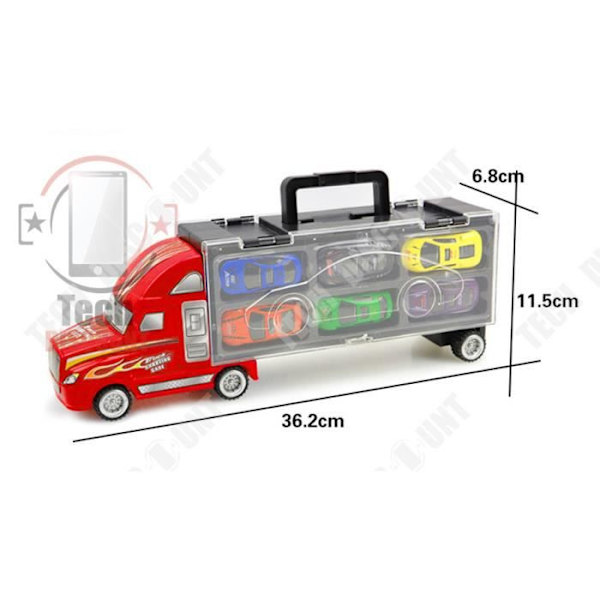 TECH DISCOUNT® - Red Truck Toy Game 6 små flerfärgade integrerade bilar för barn transportabelt fodral Pojkspresent