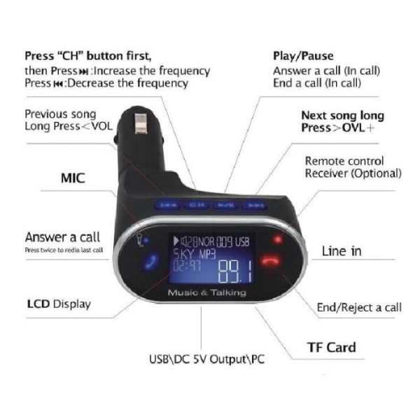 LCD Bluetooth Car Kit MP3-spelare FM-sändare SD USB Handsfree-laddare med fjärrkontroll