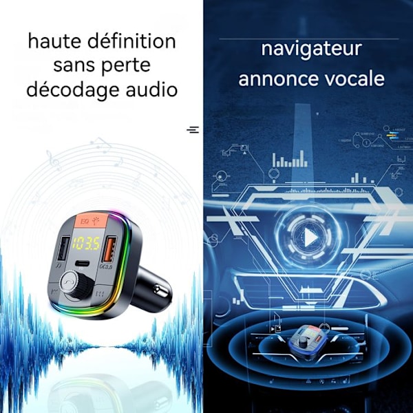FM-sender - TD® - Bluetooth 5.2 - Dobbelt USB-oplader - Håndfri - Ambient lys
