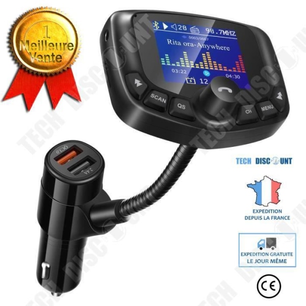 TD® Bluetooth FM-sändare för bil, 1,8-tums TFT-färgskärm - trådlös handsfree USB snabbladdande bilsats