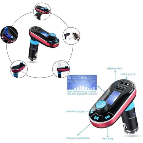 LCC® Bluetooth Car Kit MP3-spelare FM-sändare med mikrofon, handsfreesamtal, dubbel USB-laddning 5V/2.1A färg... Röd