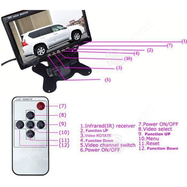 INN Bagkamera 18 IR LED Nattesyn 7" TFT LCD Monitor til RV-Bus-Trailer-Lastebil -Campingvogn (4-benet forlængerkabel)