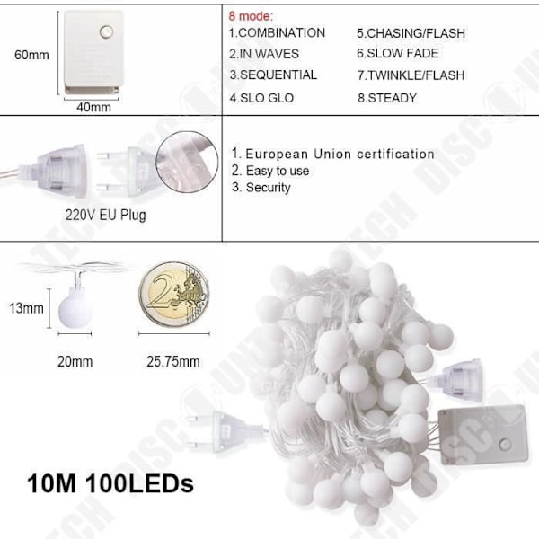TD® 220V EU-kontakt LED String Lights Bollar String Lamp Holiday String Lights Bröllop Hem Fest Varm Vit