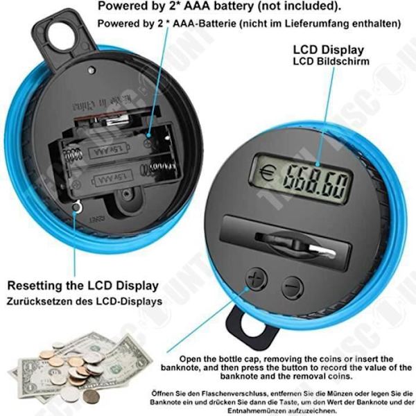 TD® Elektroninen rahalipas 1,8 L automaattisella näytöllä, läpinäkyvä kolikkolaatikko lukolla, lahja lapsille ja aikuisille