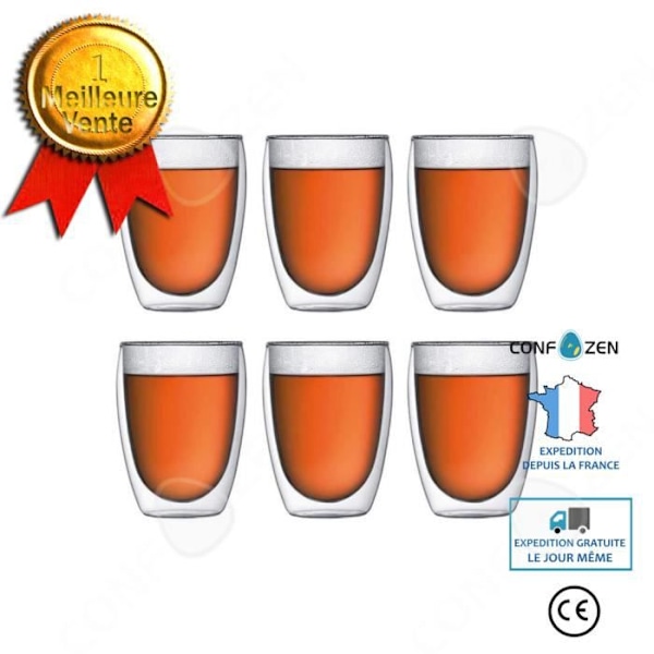 C® Sæt med 6 kaffekopper/espresso-kopper i glas - 350 ml, sæt/dobbeltvægget kaffekopper, original espresso-kop.