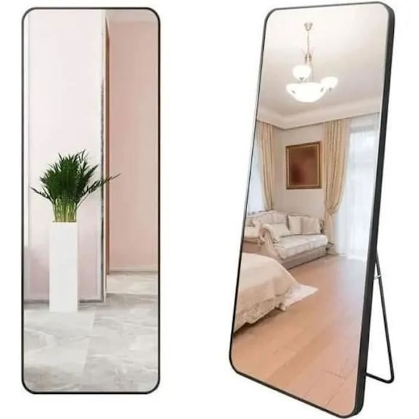 WeValley 137 x 37 cm Gulvstående Spejl, Vægspejle, Stående Spejl, Aluminiumlegering med Sort Ramme Svart ram