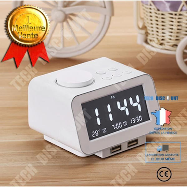 TD® FM vækkeur med justerbar LCD-belysning og dobbelt USB-telefonoplader - hvid Vit