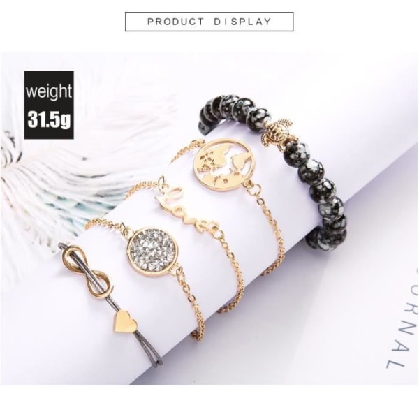 Parti med 5 stycken Armband Smycken Delikat Curb Chain Charm Världskarta Turtle Bead Kärlekspresent till kvinnor Flicka Modern