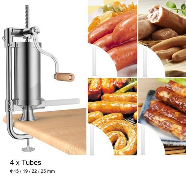 3L Pølsepresser Kødhakker Pølsemaskine 4xRør (Ø 15/19/22/25 mm) i rustfrit stål