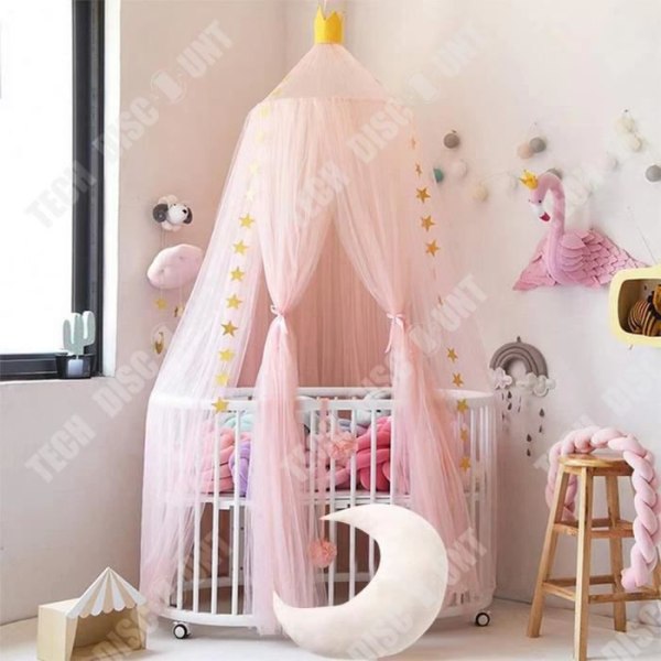 TD® Myggnät för barn i form av en sänghimmel i rosa färg med nätdekoration trendiga barnkronor atmosfär