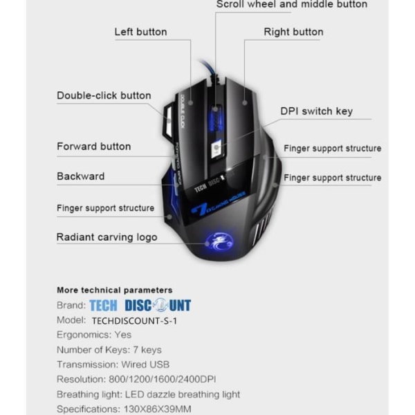TD® trådbunden optisk datormus Gamer LED Game 7 knappar Professionell spelmus USB högprecisionsjusterbar + presentmatta
