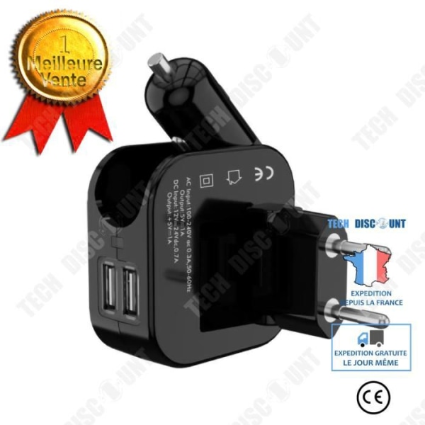 TD® USB oplader 2 i 1 til bil og hjem - 2 USB porte (2,4 A) til cigartænder og stikkontakter - Til tablet alle 25436
