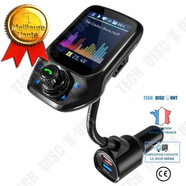 TD® Bluetooth 3 USB FM-adaptersändare för bil med snabbladdning, 1,8” skärm-handsfree-kit och FM-frekvensinställning