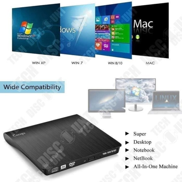 DVD-brænder - TD® - USB 3.0 - Plug and Play - Sort - Ultra tynd