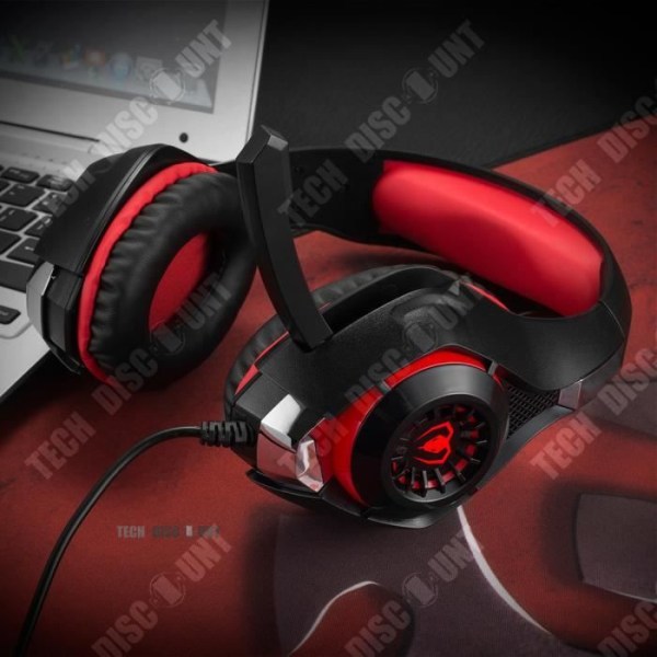 Rød TD® Gaming headset med mikrofon til PC og bærbar computer - Sort Rød LED lys Komfortabel