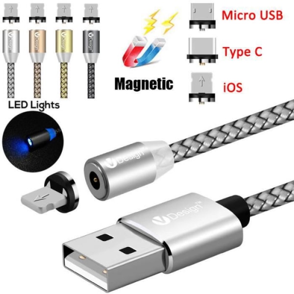Grå 1M 360° rund USB Type-C / IOS magnetisk adapter / snabbladdarkabel för alla smartphones