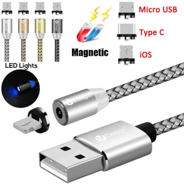 Harmaa 1M 360° pyöreä magneettiadapteri USB Type-C / IOS / nopea latauskaapeli kaikille älypuhelimille