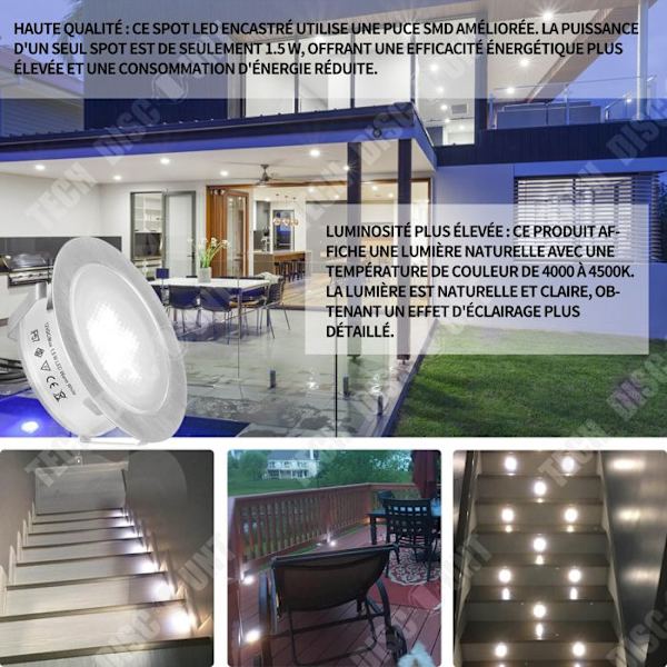 TD Udendørs solcellelampe 8stk 55mm 1.5W vandtæt IP67 indbygget dimbar LED spotlys til træterrasse loft 4000K loftspots