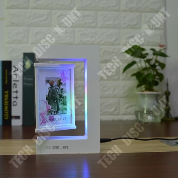 TD® Ramme til foto med magnetisk svævning, kreativ tre-sidet ophængning, fire LED-lys til gave og dekoration, farve hvid, stil.